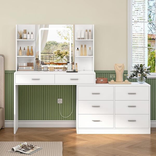 TEENFON Coiffeuse avec Miroir Lumineux LED et Prise, 3 Modes de Couleur et Luminosité Réglable, Coiffeuse avec 8 Tiroirs et 6 étagères, Changement de Forme en L, Blanc