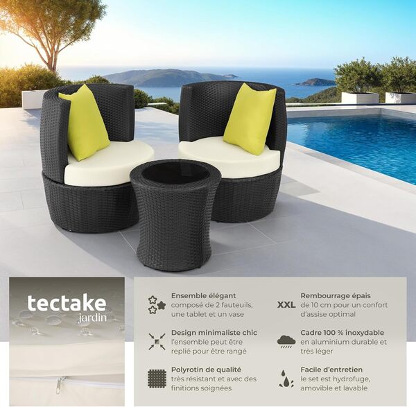 TecTake® Ensemble Salon de Jardin encastrable en Poly Rotin 2 Personnes Ensemble Fauteuil Salon et Table de Jardin, Coussins & Pot de Fleur Inclus, Mobilier de Jardin pour Amenagement Balcon Terrasse