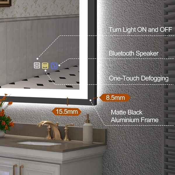 S'bagno Bluetooth-Miroir-LED-Salle-de-Bain-avec-Eclairage 100x70cm, Anti-buée, IP44 Miroir Salle de Bain LED avec Cadre en Aluminium, 3000K/ 4000K/ 6500K, Mémoire, Horizontal/Vertical, Noir [Classe énergétique E]
