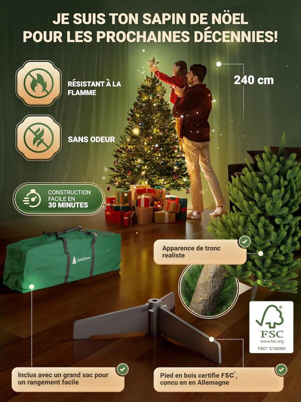 Sapin de Noël Artificiel Premium - épicéa du Nord Réaliste 100% (sans éclairage, 240 cm)