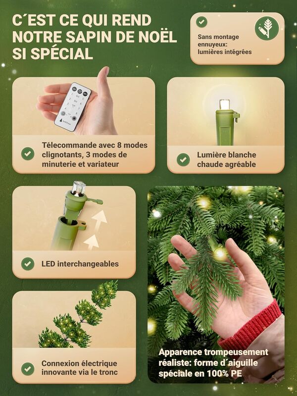 Sapin de Noël Artificiel Premium - épicéa du Nord Réaliste 100% (avec éclairage, 180 cm)