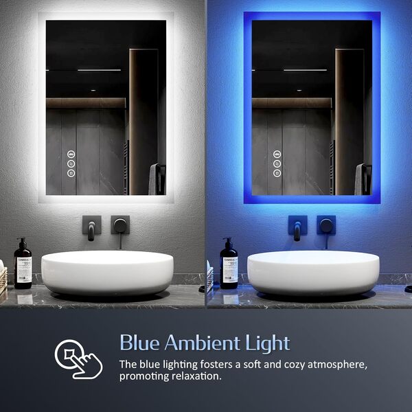 EMKE Miroir de Salle de Bain Bluetooth avec Prise Rasoir, 450 x 600 mm, Bleu atmosphère, Miroir Lumineux de Salle de Bain avec 3 Tons de Couleur, intensité Variable, Fonction mémoire, désembuage