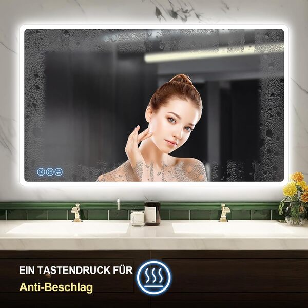 baklon 100x60cm Miroir-LED-Salle-de-Bain-avec-Éclairage,Miroir LED avec Anti-buée,3 Couleurs et Dimmable,HD Verre Trempé Miroir-Mural,Horizontal/Vertical,IP56 [Classe énergétique E]