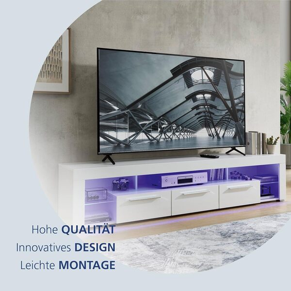 Stella Trading GOAL Banc TV en blanc brillant avec éclairage LED bleu - Meubles TV de haute qualité avec beaucoup d'espace de rangement pour votre salon - 200 x 44 x 44 cm