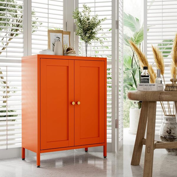 Buffet de rangement en métal avec 2 portes et 2 étagères réglables, petite armoire orange de 30,5 cm, casier de rangement en métal pour salle de bain, salon, couloir, entrée