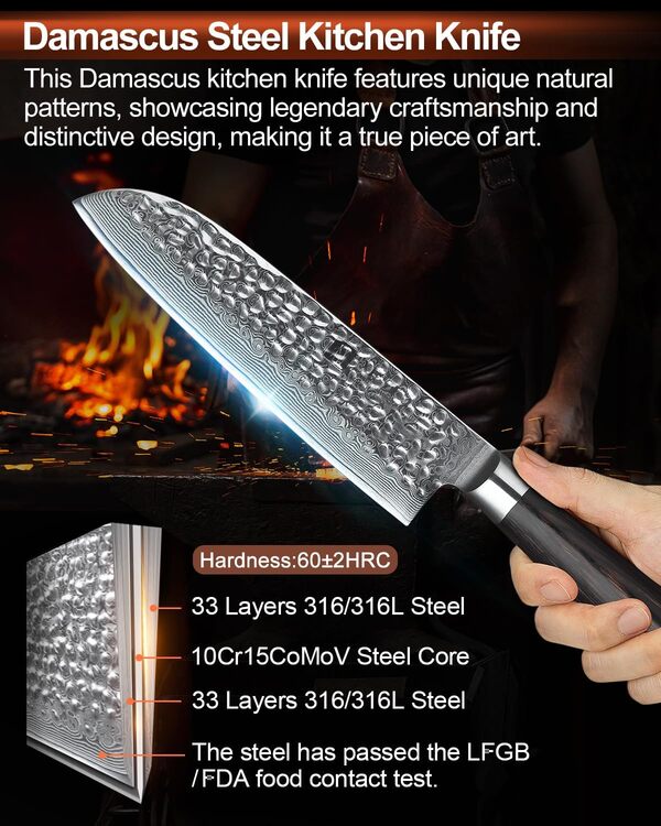 XINZUO 7 Pièces Ensemble de Couteaux de Cuisine,Bloc en Bois Acacia de Qualité Supérieure avec,Ciseaux de Cuisine Multifonctions,Couteau de Chef Professionnel Forgé,avec Poignée Pakkawood- He Série