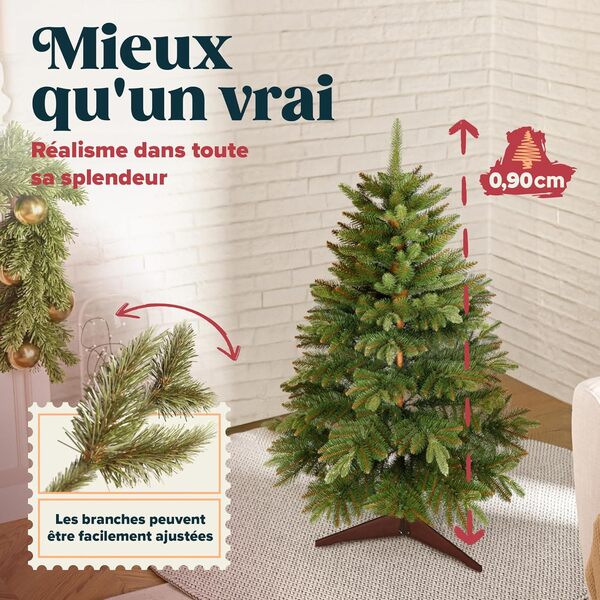 Sapin de Noël Artificiel Premium 90 cm - Gagnant du Test - Réalisme Exceptionnel, Branches épaisses, livré avec Support en Bois et Sac de Rangement – Pure Living