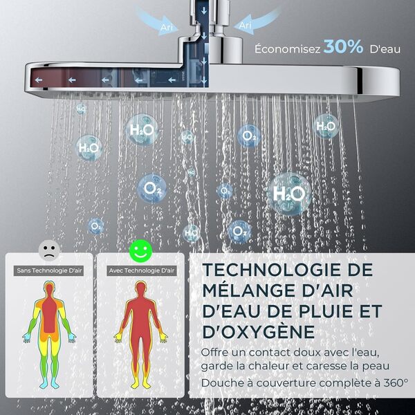 FORIOUS Colonne de Douche Thermostatique, Ensemble de Mitigeur Douche en Acier Inoxydable avec Douche Plafond Carrée de 25 cm, Douchette à Main avec 3 Types de Jets, Barre de Douche à Hauteur Réglable