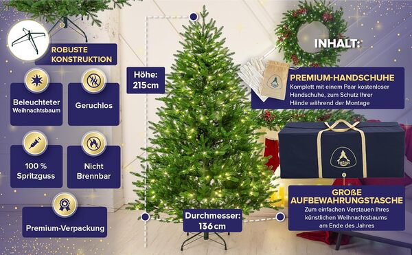 EveXmas - Adele Vert - 215 cm - 100 % moulé par injection - Avec éclairage - Sapin de Noël artificiel - Branches de pin 100 % polyéthylène - Sur un support en métal - Sac de rangement inclus dans la