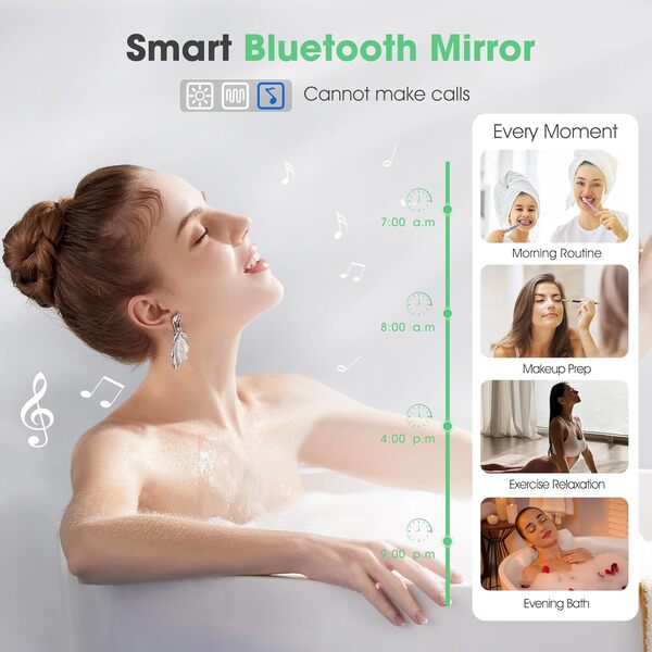 S'bagno Miroir-Salle-de-Bain-avec-Eclairage 100x70cm, Miroir-LED-Lumineux-avec-Bluetooth, Anti-buée, 3 Couleurs, Dimmable, Mémoire, Verre Trempé HD, Étanche IP44, Horizontal/Vertical [Classe énergétique E]