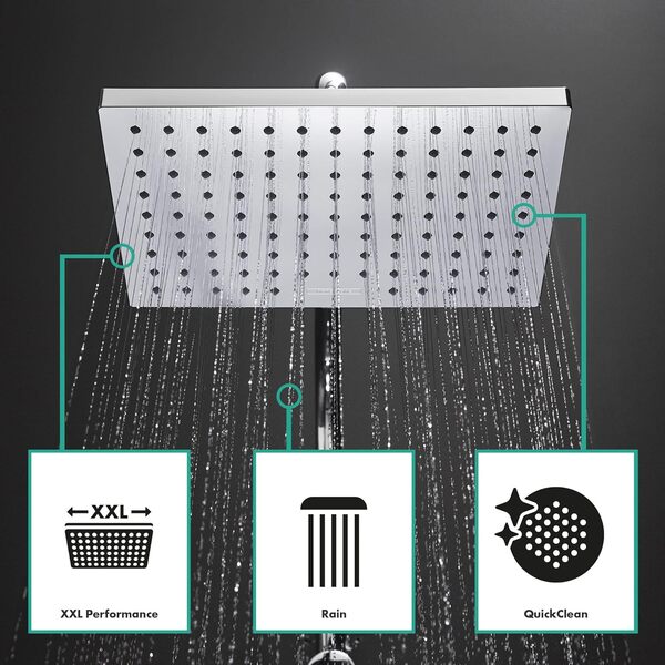 hansgrohe Vernis Shape - Colonne de douche avec mitigeur thermostatique, douche pluie (230 x 170mm) avec robinet, douchette, support, flexible douche, barre et douche de tête carrée, Chromé, 26286000