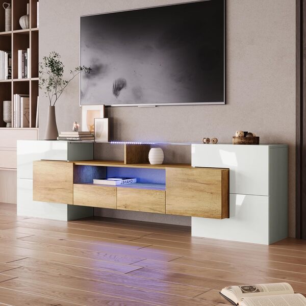 Meuble TV 200 cm - Élégant meuble TV bas - Brillant avec éclairage LED - Meuble de salon - Design moderne - Surface en verre élégante - Couleur bois - 200 cm