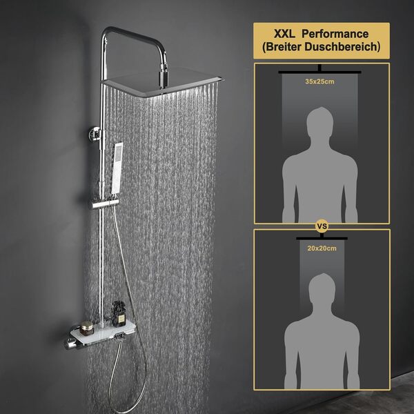 Görbach Colonne de Douche avec Mitigeur Thermostatique, Acier inoxydable Système de Douche avec Robinetterie, Pommeau de Douche, Douchette à Main, Barre de Douche Chromée (Rectangulaire 3525CP)