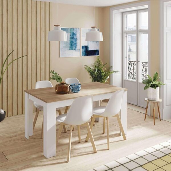 Habitdesign Modèle Kendra Table de salle à manger extensible, table de salon ou cuisine, finition blanche « Artik » et chêne canadien, dimensions : 140-190 x 90 x 78 cm (l x P x H).