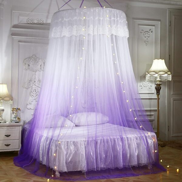 Mengersi Ciel de lit Princesse avec lumières, Rideaux de lit en dôme Rond, moustiquaire pour très Grand lit, lit Double (auvent Rond + lumières LED, Violet et Blanc)