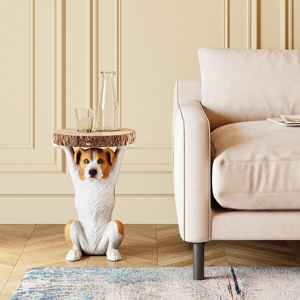 Kare Design Table d'Appoint Animal Mr. Jack, Chien, Marron/Blanc, Rond, Diamètre 33 cm, Table de Salon, Meuble, Cadeau, Deco Intérieur, Décoration Chambre, Maison