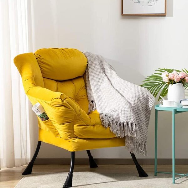 HollyHOME Fauteuil confortable en velours pour salon, chambre à coucher, chaise de lecture, chaises d'appoint relaxantes avec cadre en acier, jaune