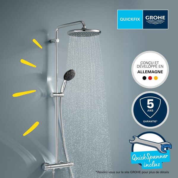 Grohe - Vitalio Start System 250, Colonne de Douche avec Mitigeur Thermostatique, Douchette Vitalio Start 110 2 jets, Flexible 1,75m, Chromé, 26677001