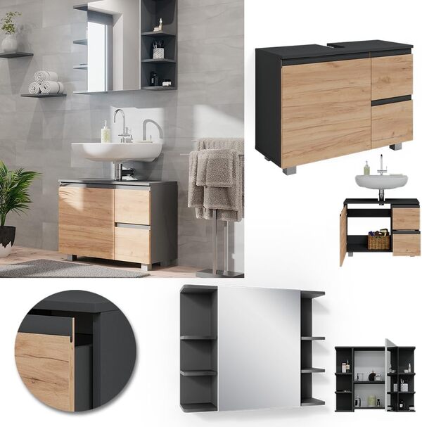 Vicco Ensemble de Meubles de Salle de Bain J-Shape, Anthracite/Chêne, 2 Parties