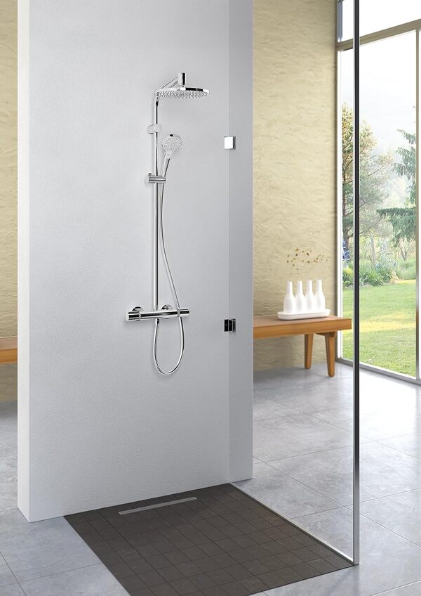 hansgrohe MySelect S - Colonne de douche avec mitigeur thermostatique, douche pluie 240 mm avec robinet, douchette, support, flexible de douche, barre et douche de tête ronde, Blanc/chromé, 26758400