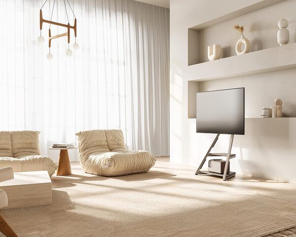 FITUEYES Design Support TV roulettes Art pour TV 32 43 55 65 Pouces Hauteur Réglable 946-1076,5mm avec 2 Etagères pour Maison, Salon, Conférence Série Eiffel