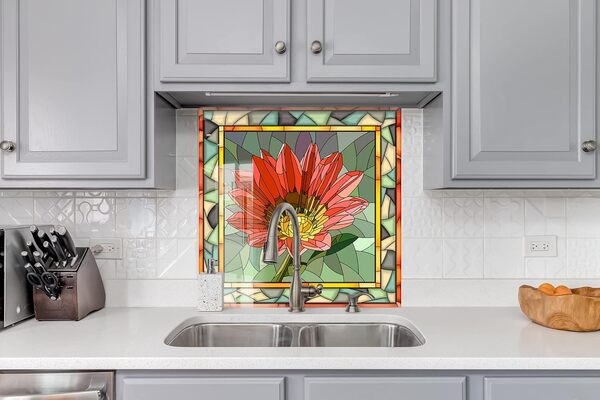 Myphotostation – Dosseret en verre trempé à motif de fleur teintée de 152,4 x 101,6 cm – Crédence florale pour décoration de cuisine, salle de bain, panneau de dosseret en verre trempé