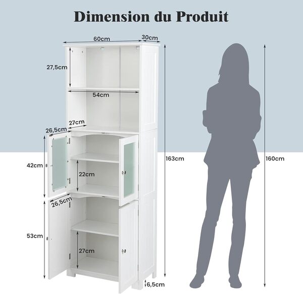 COSTWAY Meuble de Salle de Bain à 4 Portes 2 Compartiments Ouverts, Colonne Salle de Bain Armoire Haute avec Étagères Réglables pour Salon, Cuisine, 60 x 30 x 163 cm, Blanc