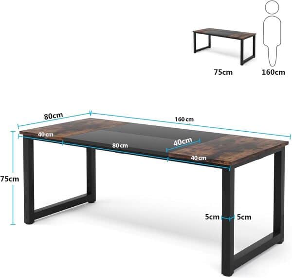 Tribesigns Table à Manger, 160 x 80 x 75 cm, pour 4-6 Personnes, Table de Salon, Bureau, pour Salle à Manger Industriel, métal Robuste, Marron Rustique et Noir