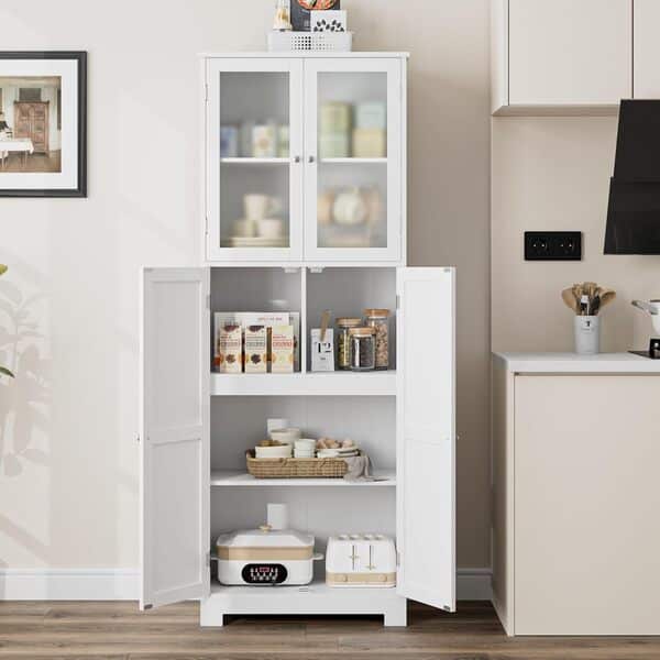 HOCSOK Meuble de Salle de Bain, Meuble de Rangement avec 4 Portes et 6 Compartiments de Rangement, Placard de Rangement en Bois pour Salon, Cuisine et Bureau, 60x30x170cm Blanc MD002