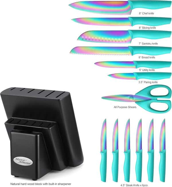 DISHWASHER SAFE Rainbow Titanium Cutlery Knife Set, Marco Almond KYA27 Kitchen Knives Set with Wooden Block, Rainbow Titanium Coating,Chef Quality for Home & Pro Use, Best Gift,14 Piece Turquoise