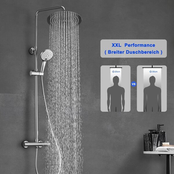 Görbach Colonne de Douche avec Robinetterie Ensemble pour Salle de Bain et Baignoire avec Mitigeur de Douche Système de Douche Thermostatique avec Douchette 3 Jets et Tête de Douche D30cm