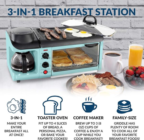 Nostalgia BSET300BLUE Retro Series 3-in-1 Family Size Breakfast Station by Nostalgia