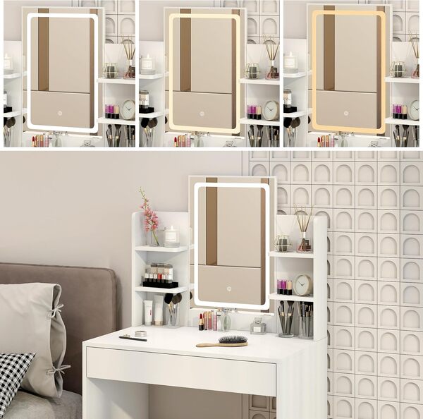 Coiffeuse avec Miroir et Tabouret - LED 3 Couleurs Réglables - Tiroir & Compartiment Ouvert - Style Moderne - Blanc Nuage