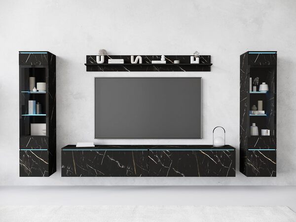 Ensemble Meuble 4 Piéces Veve 2 I Suspendu ou Debout I 2X Armoire Haute-Vitrine I Buffet Mural I Stratifié I Éclairage LED I San Sebastian