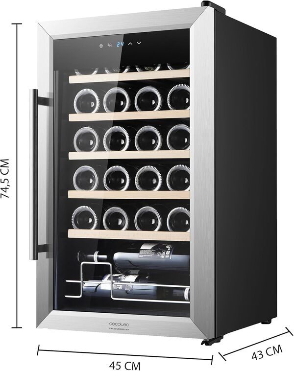 Cecotec Cave a vin Bolero GrandSommelier 2450 Inox Compressor. Cave à vin 24 Bouteilles avec compresseur de réfrigération, température réglable entre 5 et 18 ºC pour un service parfait. [Classe énergétique G]