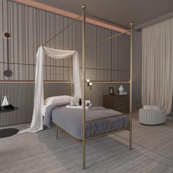 WeeHom Cadre de lit unique à baldaquin avec 4 affiches - Design classique vintage - Cadre de lit en métal - Pas besoin de sommier tapissier - Support de matelas - Lit double - Doré