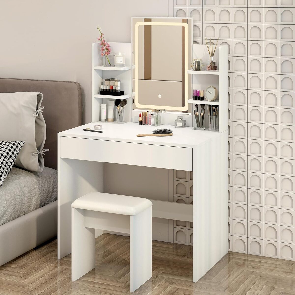 Test : coiffeuse moderne LED blanc nuage