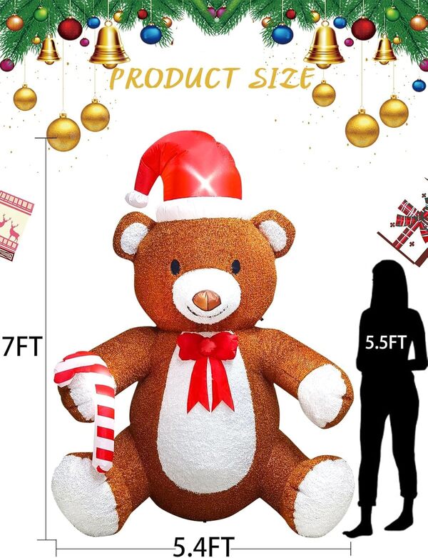 7 Pieds Ours Gonflable de Noël, Kalolary Ours Moelleux Gonflable Noël avec Chapeau de Père et Canne Décoration Intérieure Extérieure pour Maison Vacances Cour Pelouse Jardin Fêtes