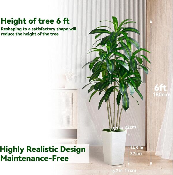 Plante Artificielle Dracaena Intérieur 180cm Arbre Artificiel Dracaena Faux Arbre en Soie avec Jardinière Blanche Faux Tropical Yucca Floor Plant pour Bureau à Domicile Décorati (1, Blanc, 180cm)