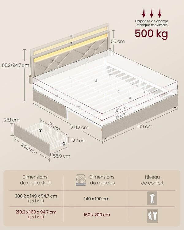VASAGLE Lit Double, 160 x 200 cm, avec LED, en Métal, 4 Tiroirs, Multiprise, Tête de Lit Rembourrée Ajustable, Pas Besoin de Sommier, Beige Cappuccino RMB828LH01