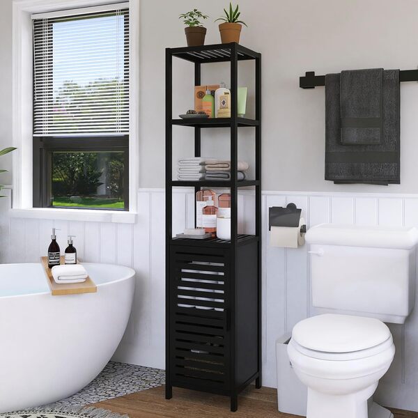 HITNET Meuble de Rangement de Salle de Bain, Armoire de Sol Noire, Organisateur de Rangement latéral avec 4 étagères Ouvertes et 1 Porte, Armoire Haute en Bambou