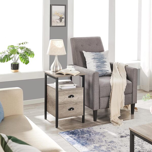 Yaheetech Lot de 2 Tables de Chevet Table d'Appoint en Bois Style Indistriel Pied en Métal Hauteur Réglable 2 Tiroirs 1 Compartiment Ouvert pour Chambre Salon Gris