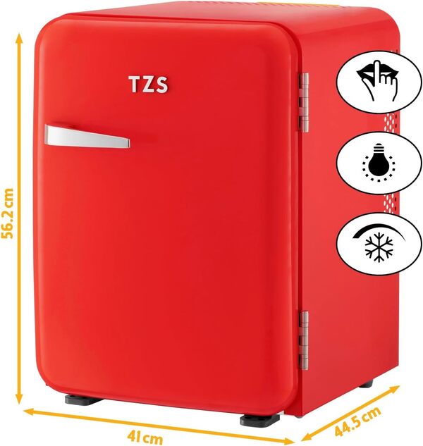 TZS First Austria - Mini Réfrigérateur Rétro 40L silencieux - Petit Minifrigo design vintage avec lumière intérieure et 2 compartiments de porte - Minibar pour camping, bureau, chambre & hôtel - rouge [Classe énergétique E]