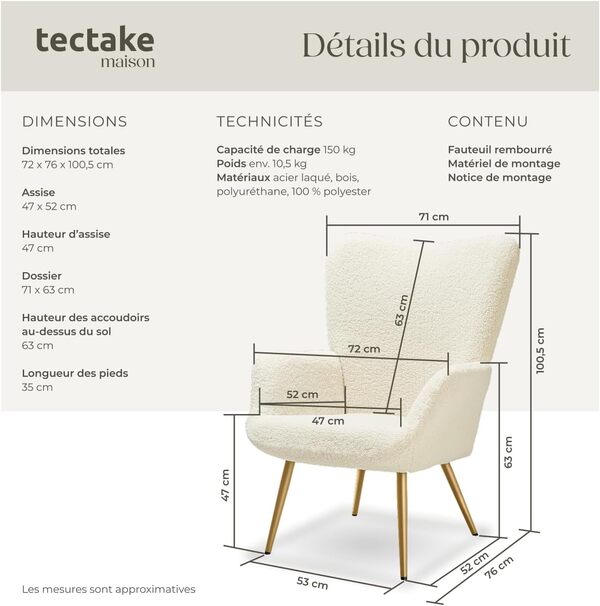 TecTake® Fauteuil Relax Confortable en Tissu Bouclette Fauteuil Scandinave Moelleux avec Accoudoirs & Dossier Ergonomique pour Salle à Manger, Salon, Chambre, Siege Bureau, Allaitement Crème/Or