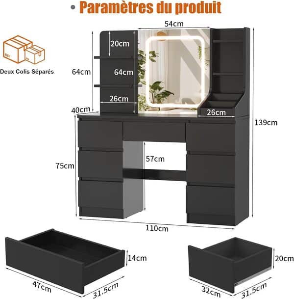 Coiffeuse avec Miroir LED, Luminosité Réglable, Table de Maquillage avec 4 Étagères et 7 Tiroirs, Coiffeuse Moderne avec Grand Espace de Rangement (Noir)