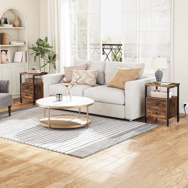 HOOBRO Tables de Chevet Lot de 2 avec Prises et Ports USB, Tables d’Appoint avec Tiroirs et Étagères de Rangement, pour Salon, Chambre, Marron Rustique et Noir EBF43CBZP201