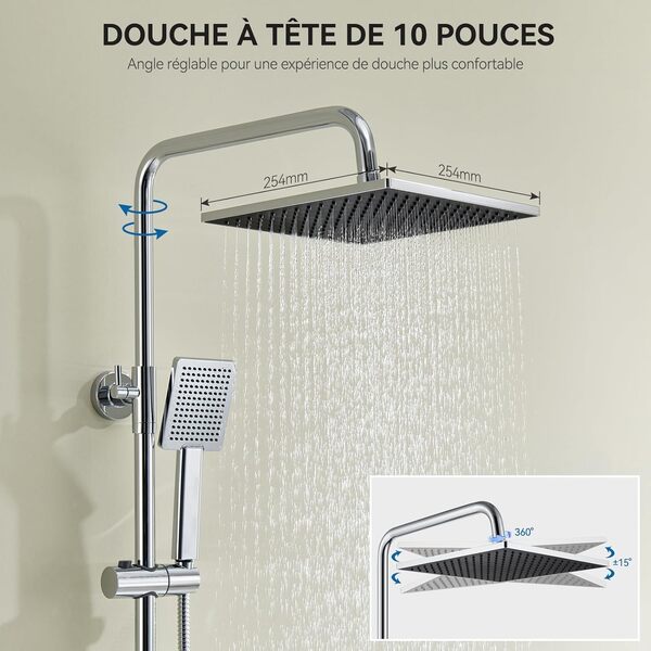 Auralum Colonne de Douche Kit avec Robinet Anti-brûlure Thermostatique, Chrome Mitigeur de Douche avec Pomme de Douche 25x25cm, Douchette, Barre de Douche en Acier Inoxydable et Flexible de Douche