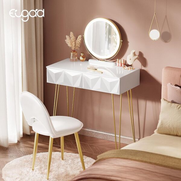 EUGAD Coiffeuse avec Miroir LED Réglable à 3 Niveaux, Table de Maquillage avec Chaise en Velours, avec 2 Tiroirs à Effet 3D en Bois Massif, Moderne, Blanc+Doré, 0056SZT