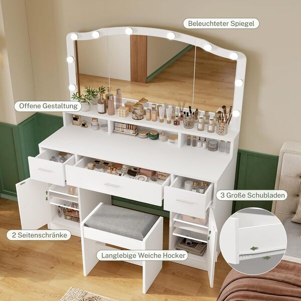 FIONESO Coiffeuse avec 3 Miroirs, 10 lumières, Coiffeuse avec 3 Tiroirs, 2 Armoires et Tabouret, Moderne, Blanc