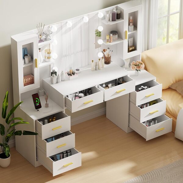 ANWBROAD Grande Coiffeuse avec Miroir Éclairage LED Réglable 3 Couleurs et Prises Blanche Moderne 8 Tiroirs Ouvertes Coiffeuse 150x135x40cm BDT67W